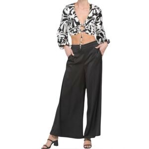 Caroline Constas Black Satin Ultra Wide Leg Pull On Pants Size Medium High Rise